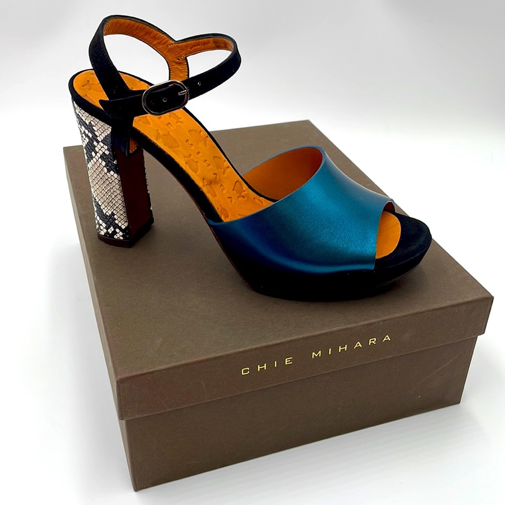 Chie Mihara Teal Blue Satin and Black Ankle Strap Sandal with Snakeskin Heel